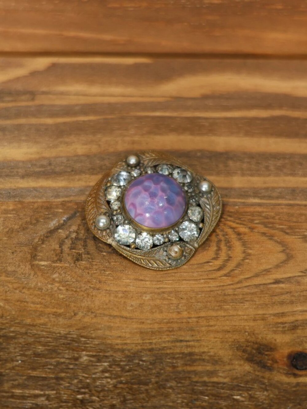 Vintage brass brooch pin with bobbled lavender purple- clear rhinestones -pearls